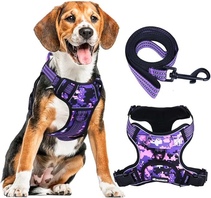 No Pull Dog Harness for Large Dogs, Adjustable No Choke Pet Vest with Dog Leash Fit Smart Reflective Pet Walking Harness for Training Easy Control Soft Handle Purple Camo L-Mewly Pet