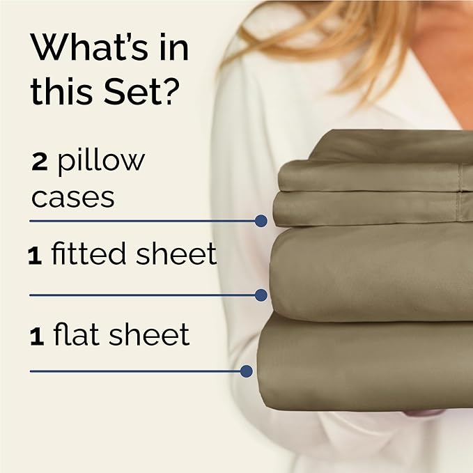 Twin XL 4 Piece Sheet Set - Comfy Breathable & Cooling - Ultra Soft Hotel Luxury Bedding Set w/ 8-16 Inch Deep Pockets - 1 Flat & 1 Fitted Sheet & 2 Pillowcases - Wrinkle Free and Easy Care - Khaki