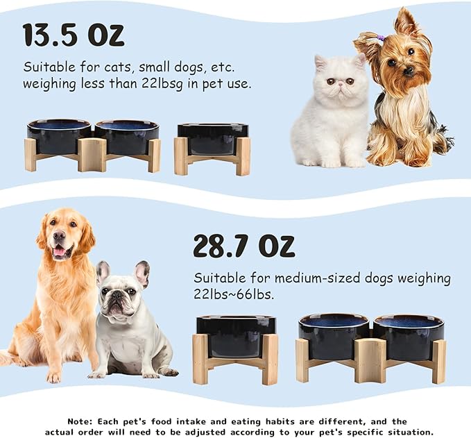 SPUNKYJUNKY 15° Slanted Ceramic Dog and Cat Bowl with Wooden Stand, Tilted Bulldog Food and Water Bowl No Slip Non-Spill for Cats Medium Dogs Big Face Pets 13.5 OZ (1.7 Cups, Starry Blue × 2)-Mewly Pet