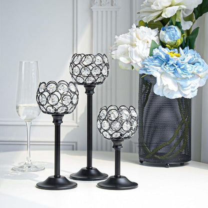 12pcs Bulk Crystal Candle Holders Set, 3 Sizes Tealight Candlestick Holders for Wedding Table Centerpiece, Fireplace Candelabra, Home Decor – Black (Kehail)
