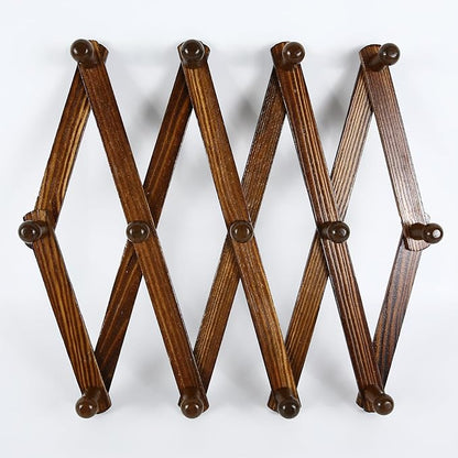 AMAPON Accordion Style Expandable Wall Wooden Coat Rack 13 Hooks (Pegs) Hang Hats Jackets Coffee Mug Purses Necklaces Towels Cap Leash Scarves Data Line Kitchenware (Walnut)