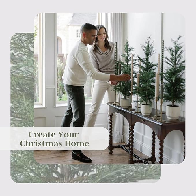 CG Hunter Holiday Collection, Set-of-2 Faux Cedar Trees, Premium Artificial Indoor & Outdoor Cedar Tree Stands 24" Tall in Creme Pot–Perfect Christmas Decoration