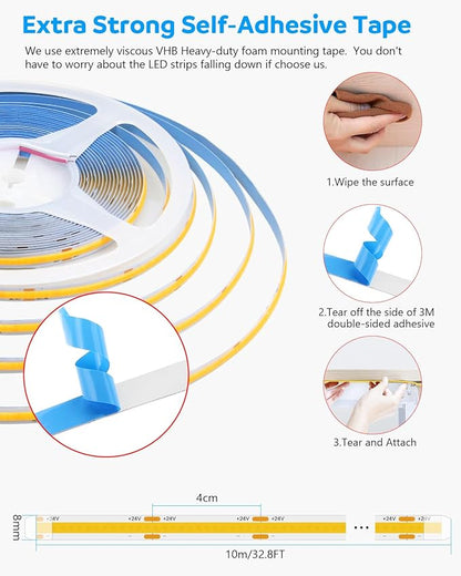 Aclorol COB Led Strip Lights 24V 32.8ft Led Strips Lights 3000K Warm White 320Leds/m CRI85+ Flexible LED Tape Lighting for Bedroom TV Party Home Indoor Decor 10M(Power Supply&LED Dimmer Not Included)