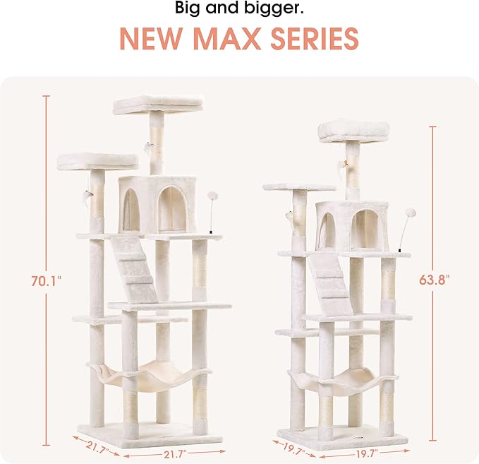 MWPO 70.1-Inch Large Cat Tree, Multi-Level Tall Cat Tower for Indoor Cats, Plush Cat Condo with Big Padded Perches, Sisal-Covered Scratching Posts, Hammock, Toys for Kittens & Cats - Beige-Mewly Pet