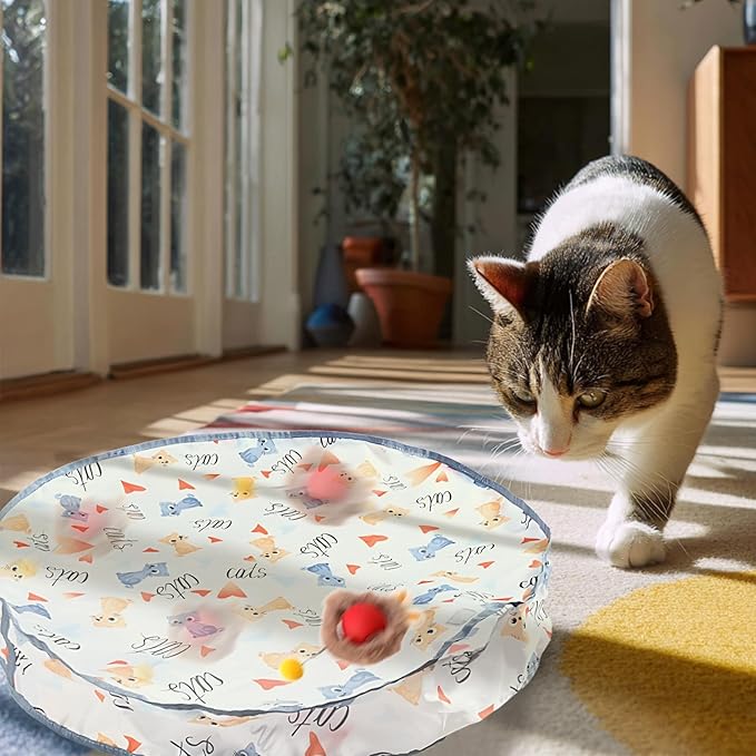 Rocfish Interactive Cat Toys Ball - Automatic Fast Rolling Ball in Play Mat, Hide and Seek Mouse Catching Game, Low-Noise Cat Enrichment Toys in Pouch for Indoor Bored Cats (Red Toy & Round Mat)-Mewly Pet