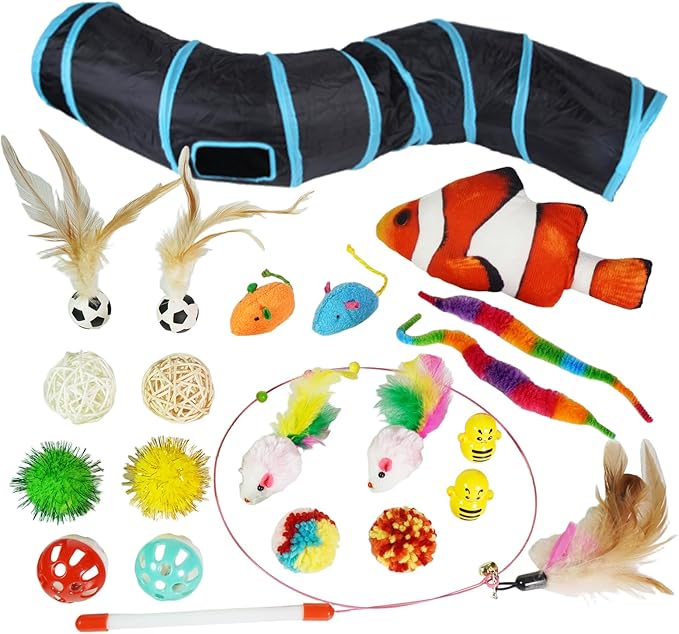 21-Piece Cat Toys Set, Interactive Tunnel, Balls, Mice, Feather Wands, Catnip Toys(Black Tunnel)-Mewly Pet