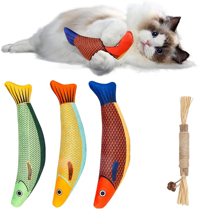 Cat Toys 4 Pack, Fish Shaped Catnip Toys with Crinkle Sound, Durable Interactive Chew & Kicker Toys for Indoor Cats, 8.1 Inch for All Breeds-Mewly Pet