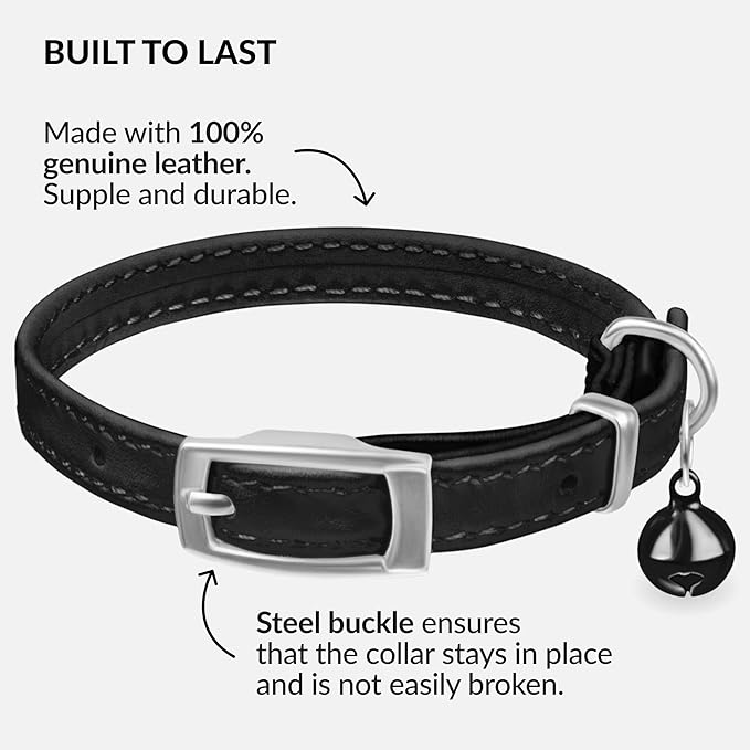 CollarDirect Leather Cat Collar with Bell - Kitten Small and Big Cat Collar for Boy Cats, Girl Cats with Safety Elastic Strap (Neck Fit 6"-7", Black)-Mewly Pet