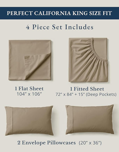 LANE LINEN 100% Organic Cotton California King Sheets Set, 4-Piece Organic Cotton Percale Weave Ultra Soft & Comfy Machine Washable Mercerized Bed Sheets, Fits Mattress Upto 15" Deep - Taupe