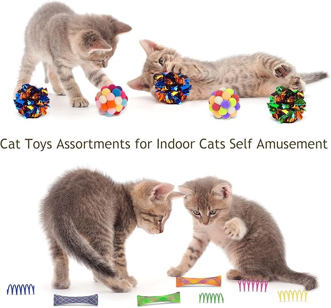 Retro Shaw Cat Tunnels with Cat Toys Pack, Interactive Kitten Toys for Indoor Cats Kitty, Kitten Tube Tent Feather Wand Teaser Bell Fuzzy Ball Springs Mouse (25 Pcs Extra Large Cat Tunnel Toys Set)-Mewly Pet