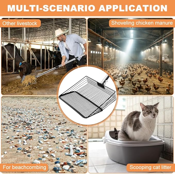 10inch Chicken Poop Scooper, Chicken Coop Scoop for Poop, 4 Sections Extended with 22 to 77inch Stainless Steel Adjustable Handle, Litter Scooper Sifting Shovel-Mewly Pet