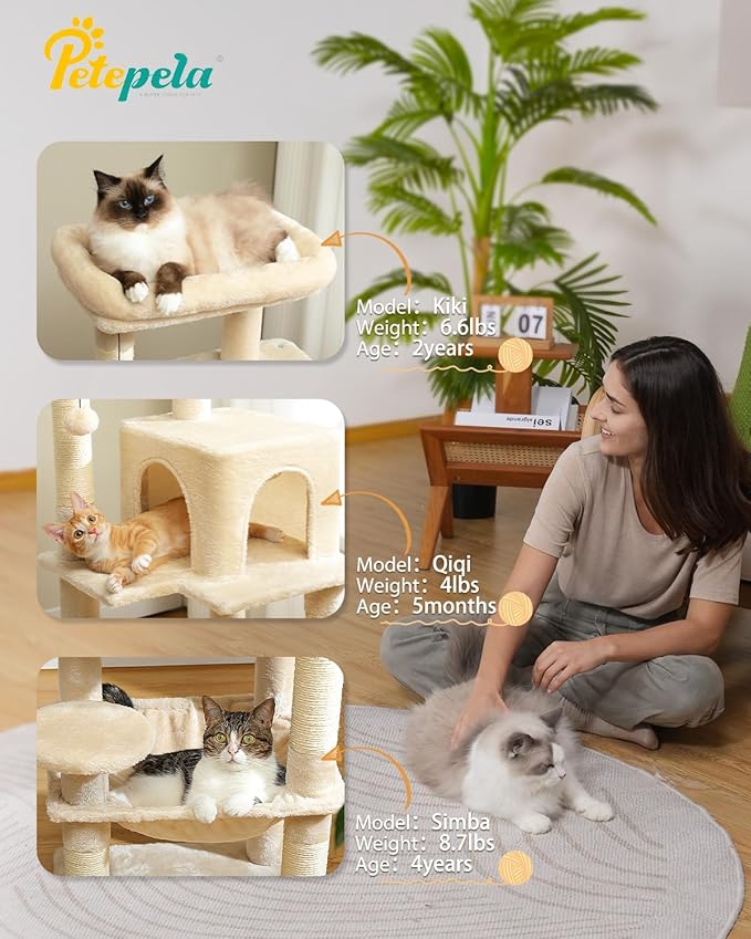 PETEPELA 45.7" Cat Tree for Indoor Cats, 5-Level Cat Tower for Large Cats with Metal Frame Large Hammock (17.3"x15.3"), Cat Condo with (18.5"x13") Big Top Perch & 4 Sisal Covered Scratching Post Beige-Mewly Pet