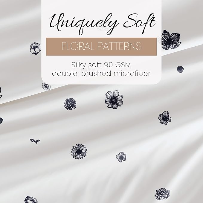 Linen Market Double-Brushed Patterned Microfiber Queen Sheet Set 4 Piece – Oeko-TEX Certified Ultra Soft & Wrinkle-Free - 16" Deep Pocket Sheets - Easy Care Queen Size - Indigo Flowers Navy