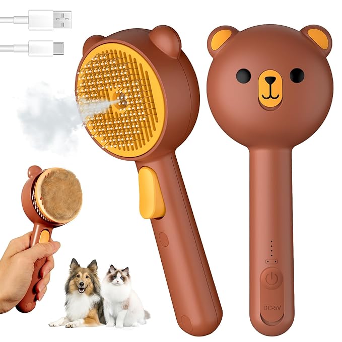 Cat Steam Brush, Self Cleaning Pet Spray Hair Removal Comb with Release Button, 3 In 1 Cat Brush for Indoor Cats, Waterproof Pet Grooming Brushes for Long Short Haired Dogs Cats（Brown）-Mewly Pet