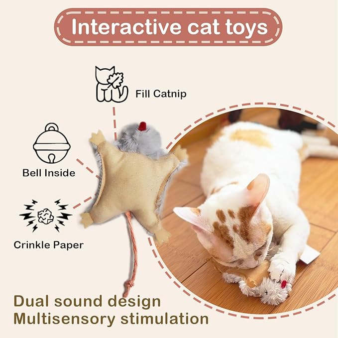 Catnip Cat Mice Toy,3 Pcs Plush Cats Nip Mouse Toys for Teeth Cleaning Chew Kitten Kicker Toy with Crinkle & Bell Cat Interactive Catnip Toys for Indoor Kittens Play Fetch-Mewly Pet