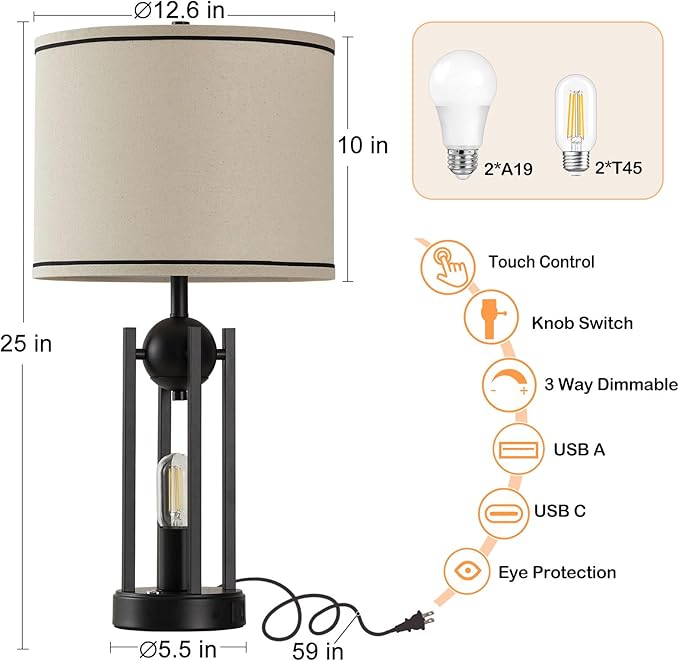 25'' Farmhouse Table Lamps for Living Room Set of 2 with USB C+A Ports, Vintage Bedside Lamp for Bedroom, Touch Lamps for Nightstand, Dual Lights Independent Switch, 4 Bulbs Included, Black