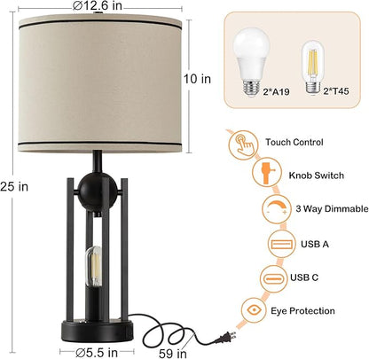 25'' Farmhouse Table Lamps for Living Room Set of 2 with USB C+A Ports, Vintage Bedside Lamp for Bedroom, Touch Lamps for Nightstand, Dual Lights Independent Switch, 4 Bulbs Included, Black