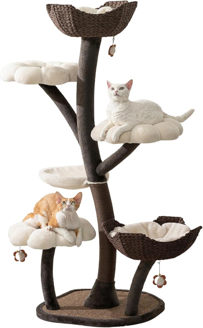 Catry Blossom 59" Flower Cat Tree with Replaceable Flower Perches and Scratching Posts, Handwoven Baskets with Washable Beds, Durable Iron Frame for Large & Multi-Cat Homes-Mewly Pet