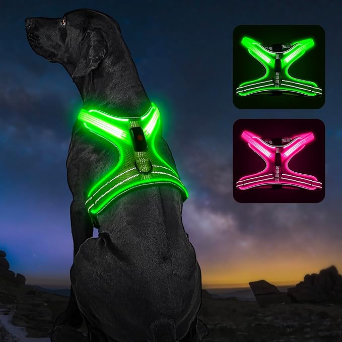Light Up Dog Harness, Rechargeable LED Dog Harness with Battery Level Indicator, Adjustable Reflective Safety Vest for Night Walking, Soft Mesh Lighted Harness for Medium Large Dogs(5-90lbs)-Mewly Pet