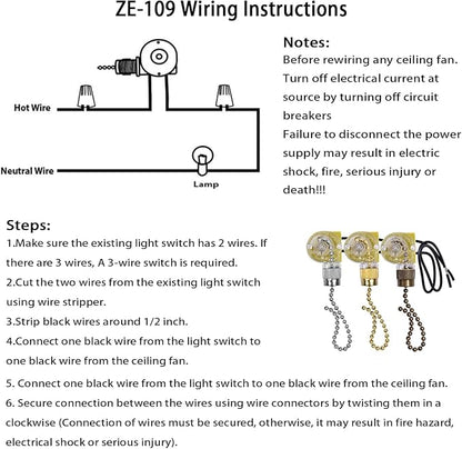 Ceiling Fan Switch Zing Ear ZE-109 Two-Wire Light Switch with Pull Cords for Ceiling Light Fans Lamps and Wall Lights Pull Chain Switch Control Replacement On-Off,2 Pcs (Nickel)