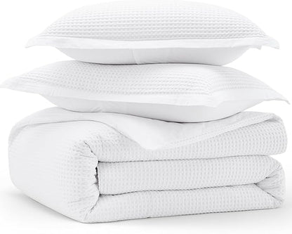 Bedsure Cotton Duvet Cover Queen - 100% Cotton Waffle Weave Bright White Duvet Cover Queen Size, GentleSoft™ and Breathable Bedding Set for All Season, 3 Pieces, 90"x90"