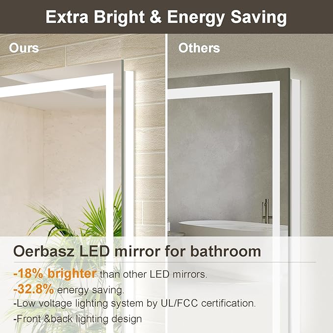 24x32 LED Bathroom Mirror with Lights, Brighter Backlit + Front Lit, Tempered Glass, Dimmable, Multiple Light Modes, Anti-Fog Lighted Bathroom Vanity Mirror for Wall, Memory Function