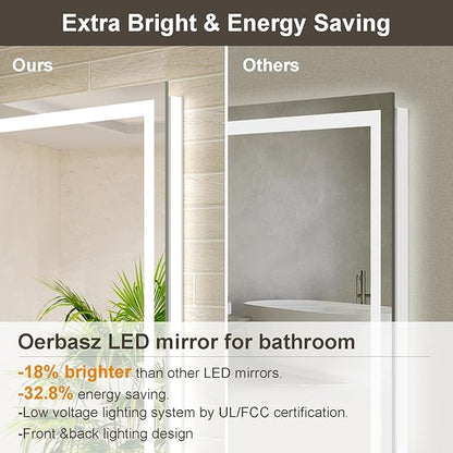 40x32 LED Bathroom Mirror with Lights, Front and Rear Lighting, Tempered Glass, Dimmable, Multiple Light Modes, Anti-Fog Lighted Bathroom Vanity Mirror for Wall, Memory Function