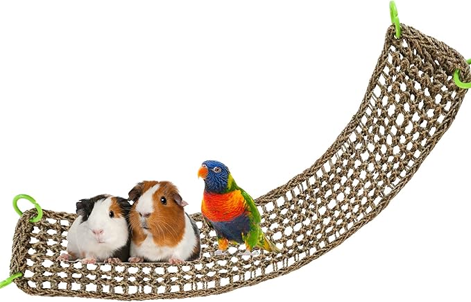 39 x 7 Inches Seagrass Mat, Natural Seagrass Woven Net, Bird Hammock Mat with Hooks, Cage Accessories, Climbing Rope Ladder Chew Toys for Cockatiel, Hamster, Guinea Pig, Rats, Parakeet-Mewly Pet
