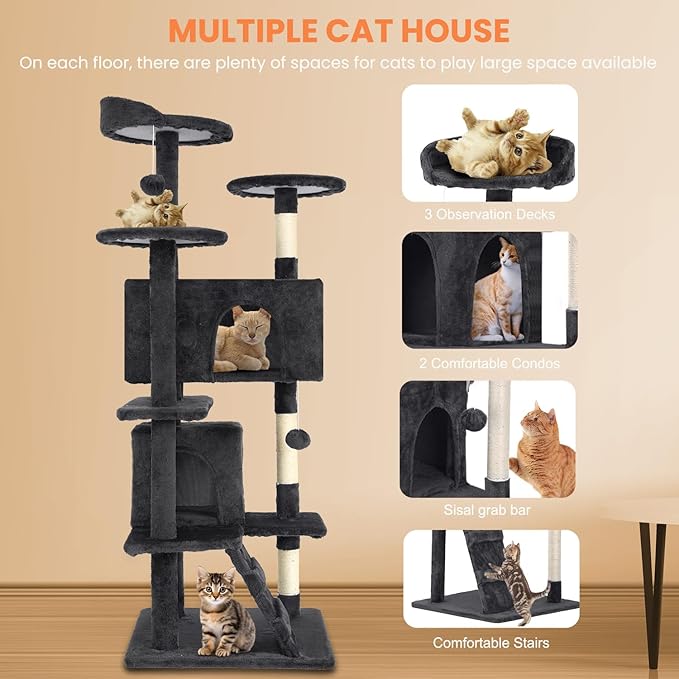 54.7 inches Cat Tower for Indoor Cats, Multi-Level Cat Condos with Scratching Posts, Hanging Toys, Dark Gray-Mewly Pet