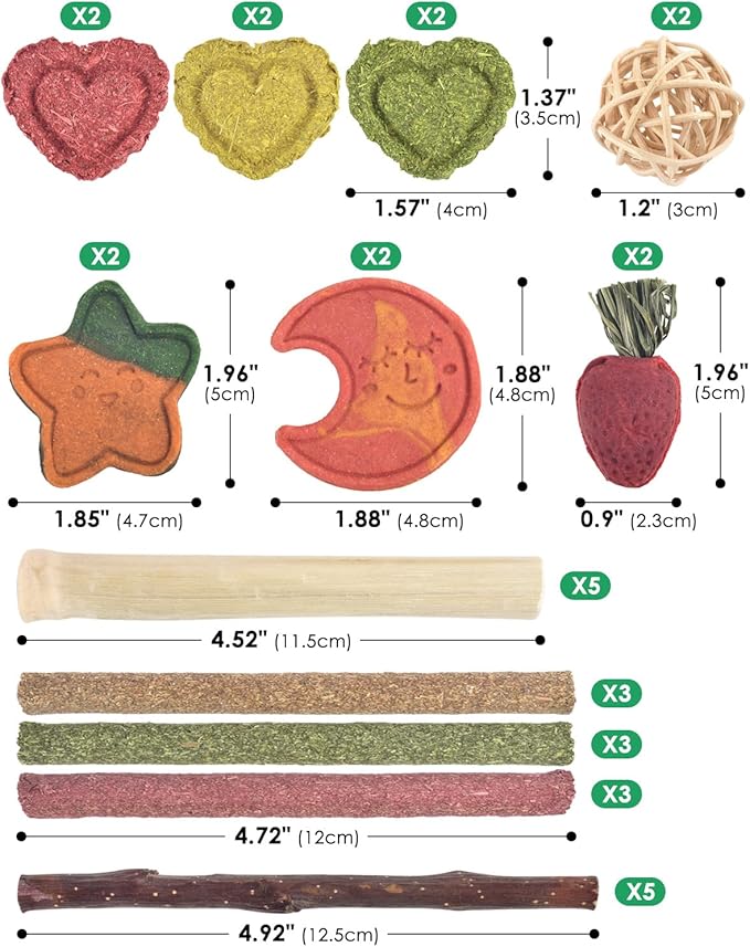 ERKOON 33PCS Bunny Chew Toys for Rabbits Teeth, Natural Rabbit Toys Apple Wood Sticks, Carrot, Timothy Grass Toys for Small Pets, Hamster, Chinchilla, Guinea Pig Dental Care and Treat Teething Toys-Mewly Pet