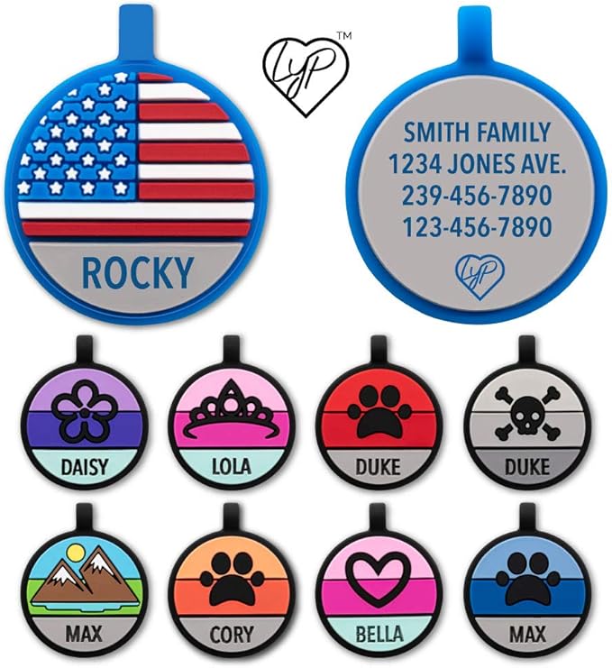 LYP Original Soundless Pet ID Tags | Custom Dog Tags Personalized for Pets | Durable Silicone Deep Engraved Dog Tag | No More Jingling | U.S. Flag-Mewly Pet