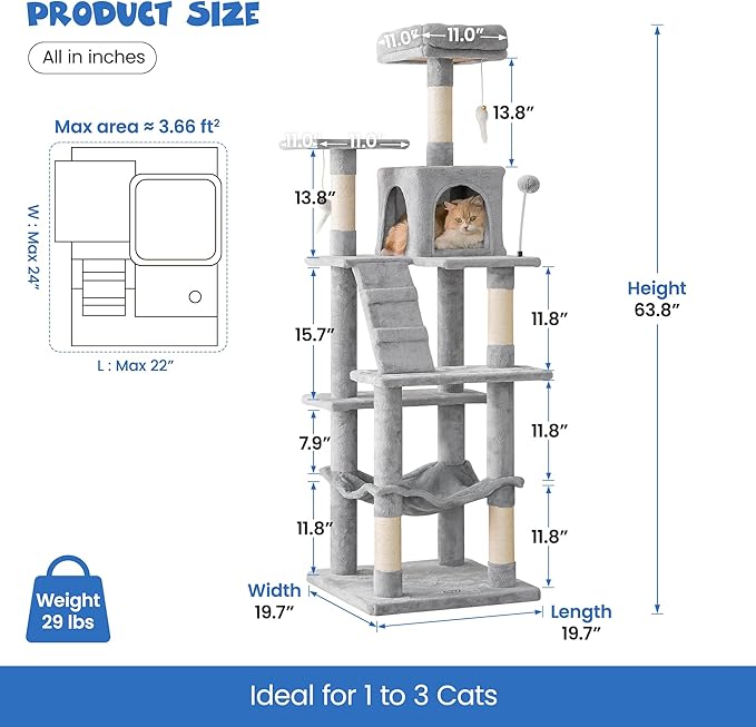 MWPO 63.8 inches Multi-Level Cat Tree for Large Cats with Sisal-Covered Scratching Posts, Padded Platform, Hammock and Condo,Stable Cat Tower Cat Condo Pet Play House-Light Gray-Mewly Pet