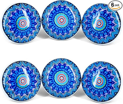 Handmade Blue Mandala Design Ceramic Stone Cabinet Knobs, Vintage Decorative Drawer Pulls for Trendy Cabinets, Modern Dressers & Cupboards, Knobs for Kitchen & Furniture-Set of 6