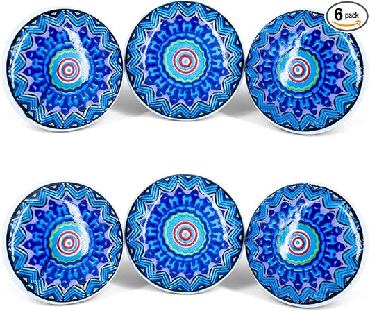 Handmade Blue Mandala Design Ceramic Stone Cabinet Knobs, Vintage Decorative Drawer Pulls for Trendy Cabinets, Modern Dressers & Cupboards, Knobs for Kitchen & Furniture-Set of 6