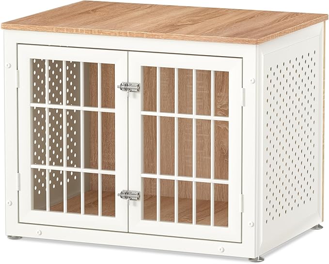 32" Heavy Duty Dog Crate Furniture for Small and Medium Dogs, Metal Kennel for High Anxiety Dogs, Chew Proof Pet Cage Indoor, Decorative Dog Kennel End Table, White-Mewly Pet