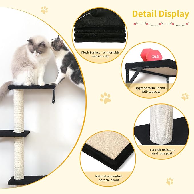 Modern Wall-Mounted Cat Furniture - 5pcs Cat Wall Shelves, Wooden Climber Includes House, Bridge, Tree, Steps, and Scratcher (Black)-Mewly Pet