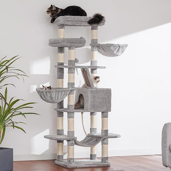 Heybly Cat Tree, 68 inch Multi-Level Cat Tower for Indoor Cats, 2 Widened Plush Perches Cat Condo with Scratching Board and Big Caves, Light Gray HCT025W-Mewly Pet