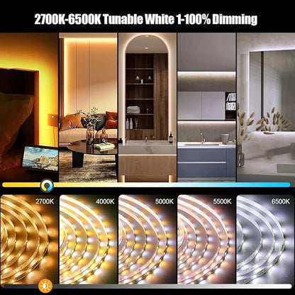 White LED Strip Lights, 100ft Dimmable Bright 24V Led Tape Light with Remote and App Control, 2700K-6500K White 1800 LEDs Lights for Bedroom, Kitchen, Ceiling (2 Rolls of 50ft)