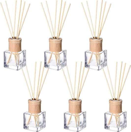 Roshtia 6 Set Reed Diffuser Bottle Empty Refillable Fragrance Glass Diffuser Bottles with Wooden Caps Rattan Sticks 50ml 1.7 oz Square Glass Jars for DIY Fragrance
