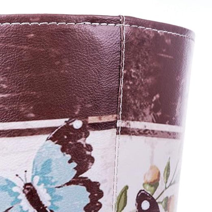 Leather Trash Can, Retro Decorative Waste Basket, 10L Capacity Small Waste Paper Basket, Waterproof Garbage Can for Bathroom, Bedroom, Office, Kitchen and Living Room - Butterfly