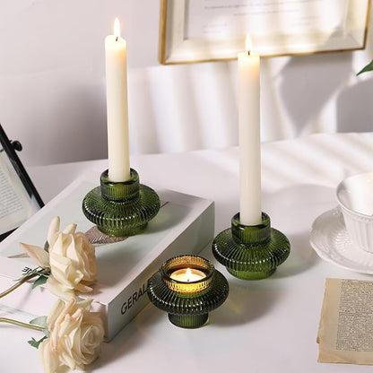 Green Taper Glass Candlestick Holders Tealight Candle Holders for Table Centerpieces, Wedding Decor and Dinner Party (8 Pcs, Green)
