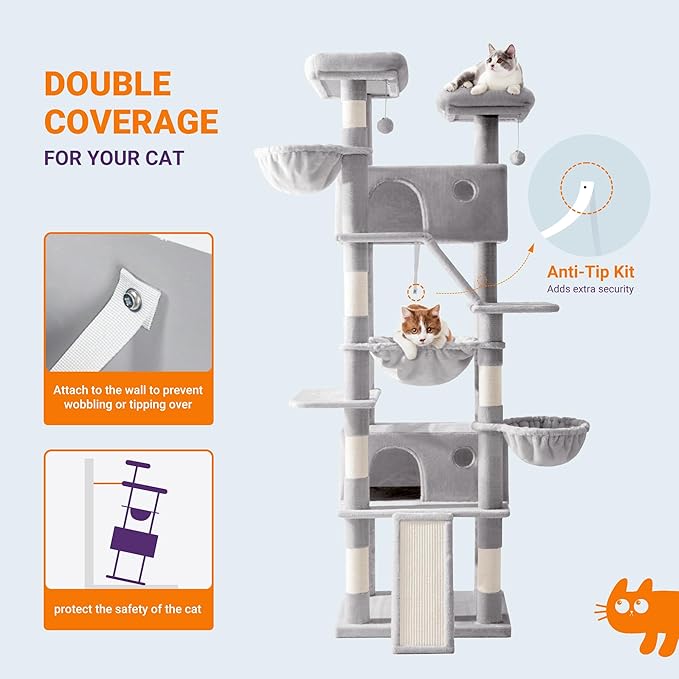 Allewie 81 Inches Tall Cat Tree/Multi-Level Large Climbing Tree House and Towers for Big Feline/Condo and Hammock/Scratching Post/Wide Base/Grey-Mewly Pet