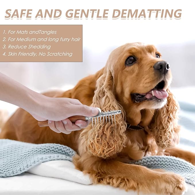 Long Pin Dog Slicker Brush for Poodles, Golden Doodles & Cats - 3-Piece Grooming Kit with Dematting Comb and Pet Comb, Large Wooden Handle Deshedding Tools for Thick Hair Mats Removal-Mewly Pet