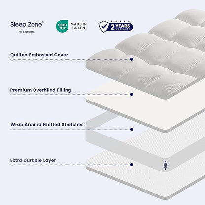SLEEP ZONE Mattress Topper Queen Size, Extra Thick Fitted Mattress Pad for Back Pain, Plush and Support Mattress Cover, Deep Pockets Mattress Protector, Hotel Quality (White, Queen)