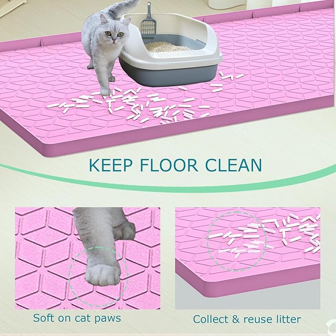 Cat Litter Mat, Silicone Large Cat Mat for Litter Box - 34x22 in, Waterproof & Non-Slip, Durable & Easy Clean, Pink-Mewly Pet