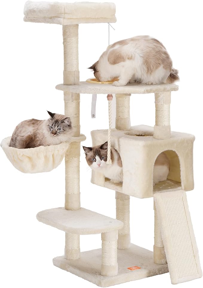 Heybly Cat Tree, Cat Tower for Indoor Cats with Scratching Board, Multi-Level Cat Furniture Condo with Feeding Bowl, Beige HCT010M-Mewly Pet