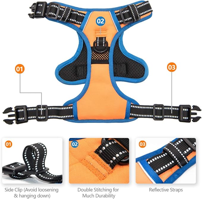 PHOEPET 2019 No Pull Dog Harnesses for Small Dogs Reflective Adjustable Front Clip Vest with Handle 2 Metal Rings 3 Buckles [Easy to Put on & Take Off](S, Orange)-Mewly Pet