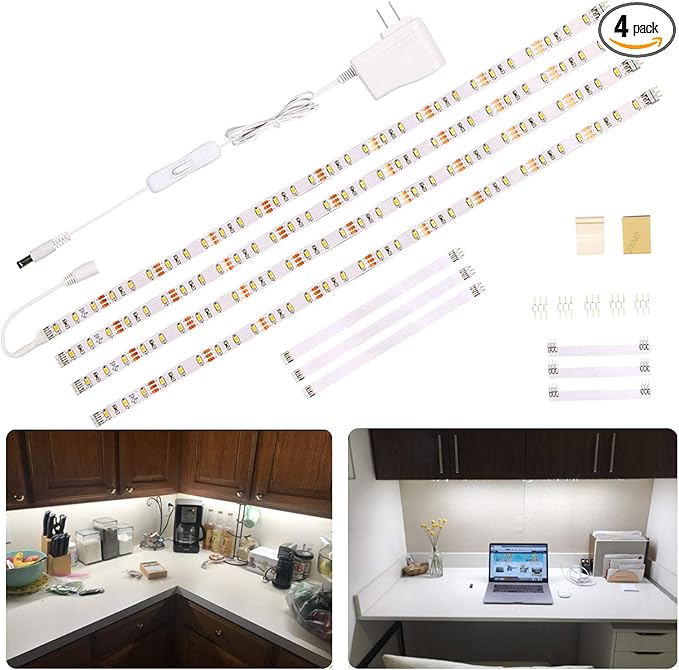 WOBANE LED Under Cabinet Lighting Kit,Flexible LED Ribbon Lights Bar,Under Counter Lights for Kitchen,Cupboard,Desk,Showcase,Shelf,6.6 Feet Rope Light Set,120 LED,1200lm,6000K White,4 Panel