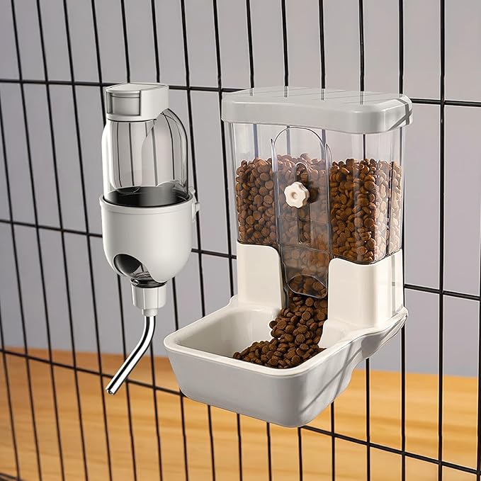 Automatic Pet Food Water Dispenser, Auto Gravity Pet Feeder Water Bottle Set for Crate Cage, Feeding Station for Small Dog Cat Rabbit Guinea Pigs Chinchilla Ferret Hedgehog (Gray)-Mewly Pet