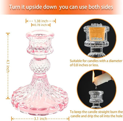 Glass Candlestick Holder,Striped Taper Candle Holders,Set of 6 Candle Stand for Table Centerpieces, Home Decor,Weddings,Festival and Parties (Pink Dimond)